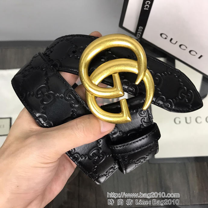 GUCCI古馳 官網新款 正品規格 原單品質 頭層小牛皮壓花 對版尖尾 復古做舊GG古金扣 男士皮帶  xfp1088